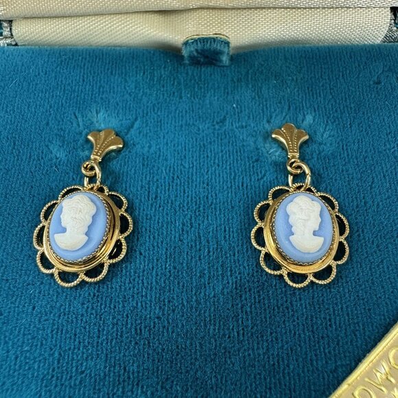 Cameo Bracelet and Earrings Set 14k Yellow Gold Overlay Filigree Link Sentiment - Picture 2 of 9